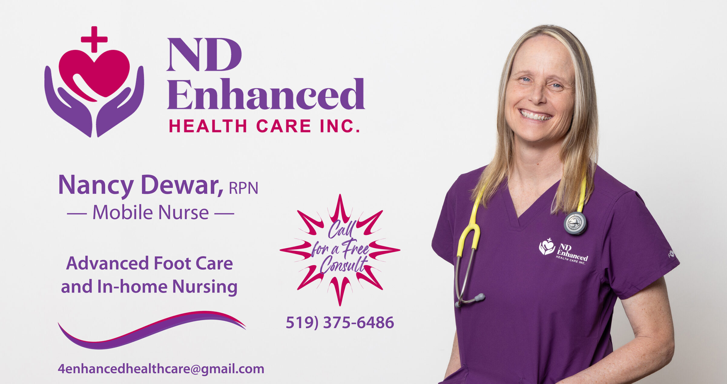 Image showing Nancy Dewar, RPN, a Mobile Nurse. Caption containing "Advanced Foot Care and In-home Nursing." ND Enhanced Health Care Inc.